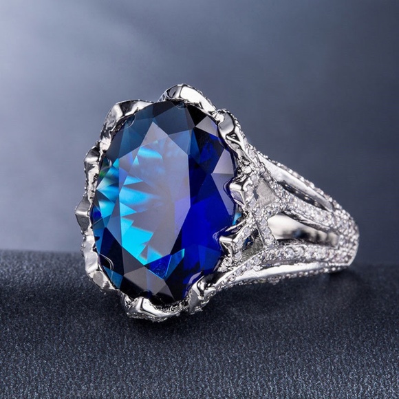 2.75CT Princess Cut Blue Sapphire 14K White Gold Finish  Elegant 925 Silver Ring  2.75ct Blue Sapphire New
